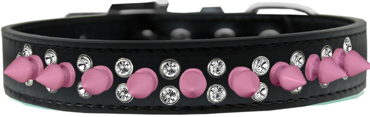 Double Crystal and Light Pink Spikes Dog Collar Black Size 16